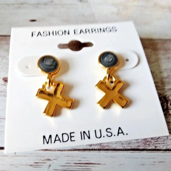 NWT 1980s Gold Plated Gray and Gold Tone X Drop Earrings - Picture 1 of 3